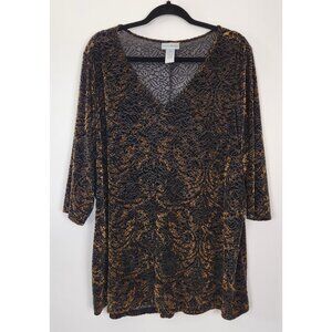 Catherines Plus Size Black And Gold Velvet Burnout Top 1X, 3/4 Sleeve Whimsigoth